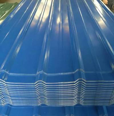 A pile of blue corrugated roofing sheets are shown in the picture, and there is one stripe between every two corrugations.