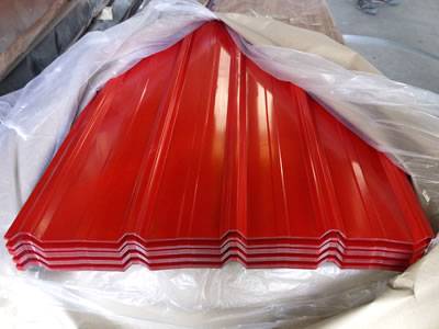One package of red corrugated roofing sheets, wrapped by plastic bag inside and paper outside.