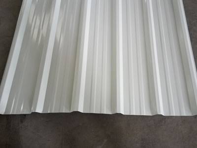 There is one piece of white steel roof tile with six corrugations.